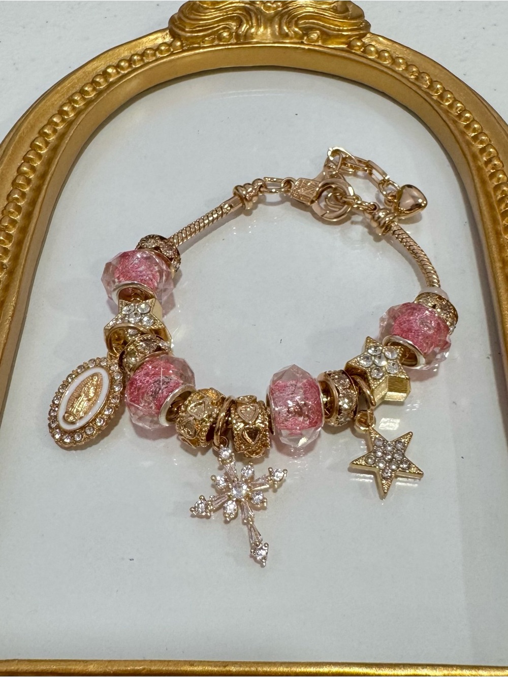 New Gold-Tone Pink Charm Bracelet with Crystal Star & Cross Charms
